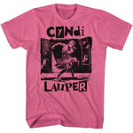 Pink T-shirt featuring a black vintage-style Cyndi Lauper performance photo with bold lettering.