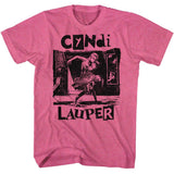 Pink T-shirt featuring a black vintage-style Cyndi Lauper performance photo with bold lettering.