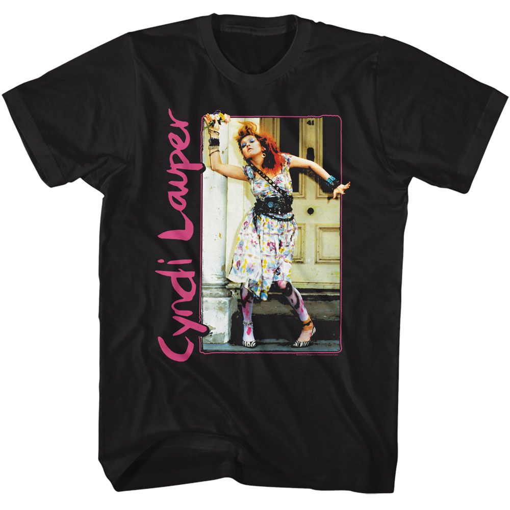 Black T-shirt featuring a Cyndi Lauper full-body photo framed in pink with a vertical pink Cyndi Lauper logo.
