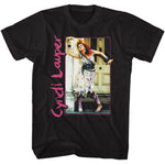 Black T-shirt featuring a Cyndi Lauper full-body photo framed in pink with a vertical pink Cyndi Lauper logo.