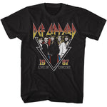 Black T-shirt featuring a Def Leppard 1987 “Live in Concert” design with a band photo inside a sharp V-shaped graphic.