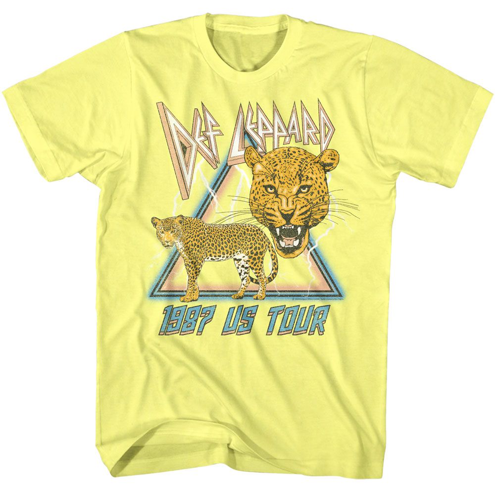 Yellow T-shirt featuring a retro Def Leppard 1987 US Tour design with a snarling leopard head and full-body leopard in front of a neon triangle.