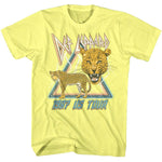Yellow T-shirt featuring a retro Def Leppard 1987 US Tour design with a snarling leopard head and full-body leopard in front of a neon triangle.