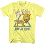 Yellow T-shirt featuring a retro Def Leppard 1987 US Tour design with a snarling leopard head and full-body leopard in front of a neon triangle.