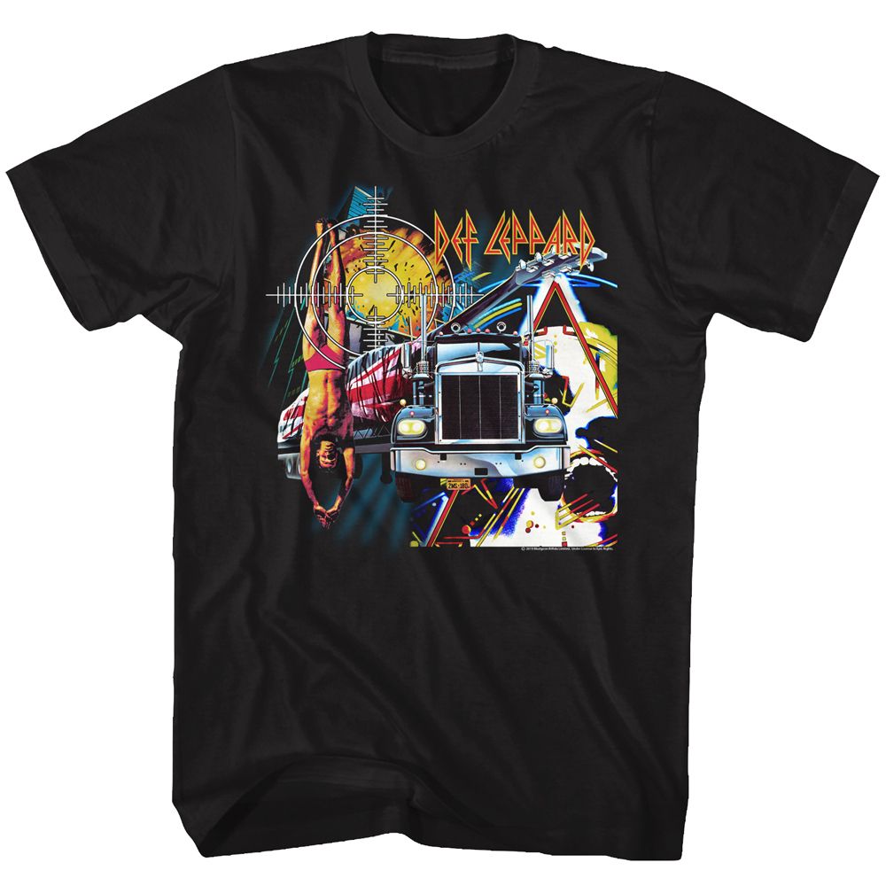 Black Def Leppard T-shirt featuring a collage of their albums from the 80s 