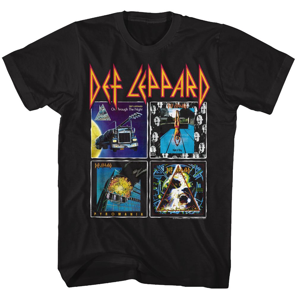 Black Def Leppard T-shirt featuring four classic album covers: On Through the Night, High ’n’ Dry, Pyromania, and Hysteria.