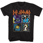 Black Def Leppard T-shirt featuring four classic album covers: On Through the Night, High ’n’ Dry, Pyromania, and Hysteria.