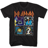 Black Def Leppard T-shirt featuring four classic album covers: On Through the Night, High ’n’ Dry, Pyromania, and Hysteria.