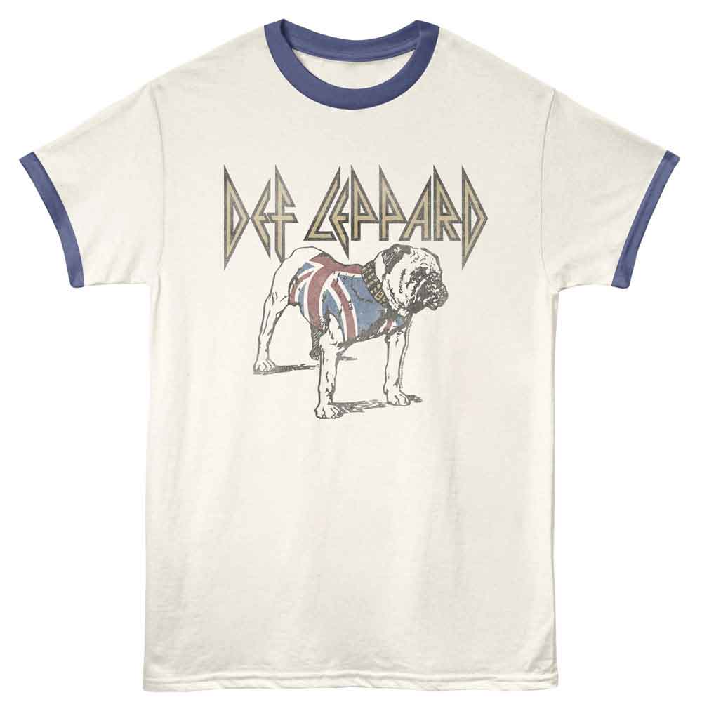Officially licensed Def Leppard ringer t-shirt featuring a vintage bulldog graphic with Union Jack styling and classic band logo