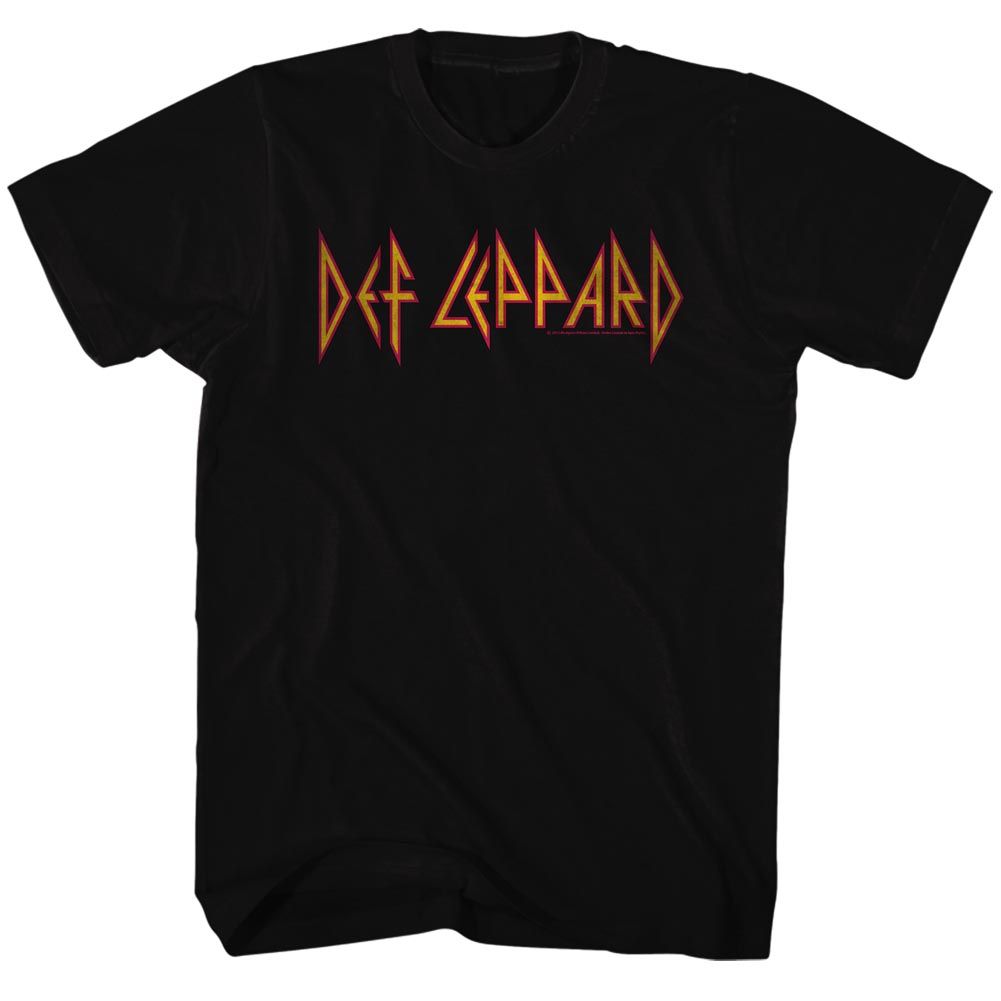 Black Def Leppard T-shirt featuring the band’s classic red and yellow logo across the chest.