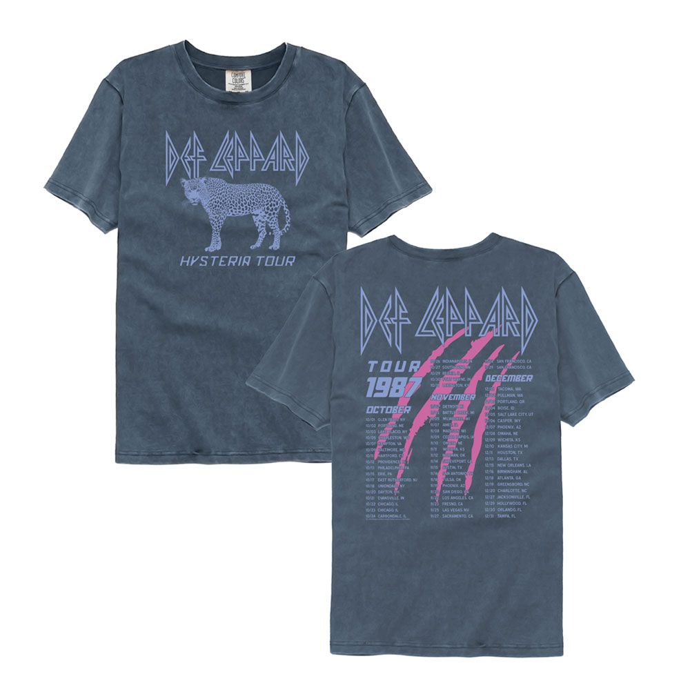 Vintage washed blue Def Leppard T-shirt featuring “Hysteria Tour” leopard design on front and 1987 tour dates on back.