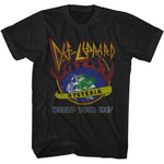 Black Def Leppard T-shirt featuring the Earth graphic with flames, Hysteria logo, and “World Tour 1987” text.