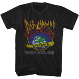 Black Def Leppard T-shirt featuring the Earth graphic with flames, Hysteria logo, and “World Tour 1987” text.