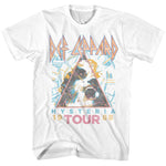 White T-shirt featuring Def Leppard’s colorful Hysteria Tour 1988 artwork with geometric designs and a triangular band logo