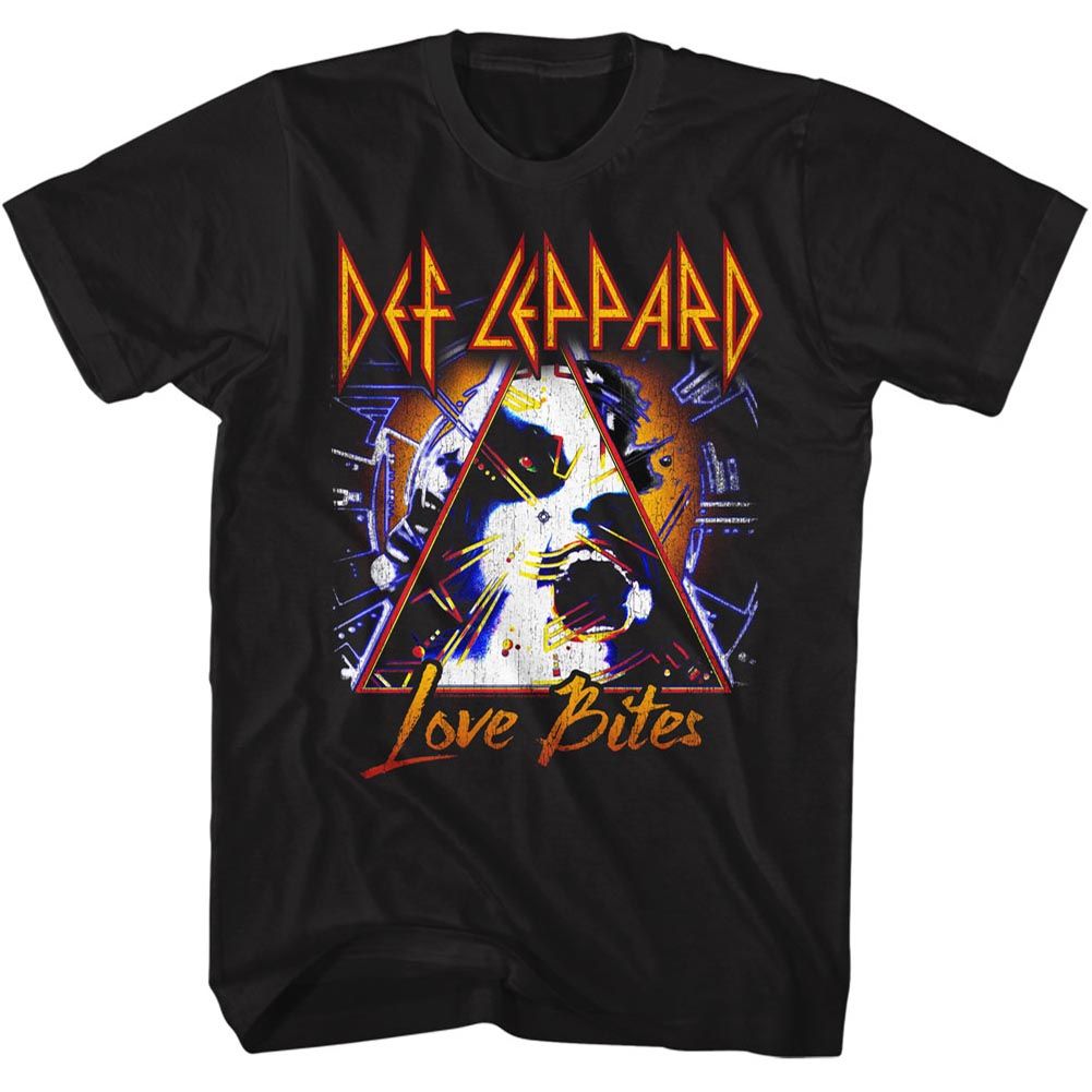 Black Def Leppard t-shirt featuring a distressed triangle skull graphic with bold band logo and “Love Bites” text in classic 80s rock style.