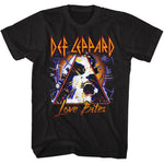 Black Def Leppard t-shirt featuring a distressed triangle skull graphic with bold band logo and “Love Bites” text in classic 80s rock style.