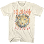 Cream T-shirt featuring a distressed graphic of a leopard inside a circular border, with the Def Leppard logo above and the text “Love Bites” below.