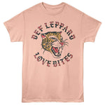 Peach T-shirt featuring Def Leppard Love Bites leopard head graphic