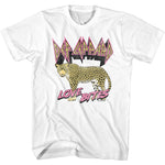 White retro band t-shirt featuring a leopard graphic with bold Def Leppard logo and pink “Love Bites” text in an 80s rock style.