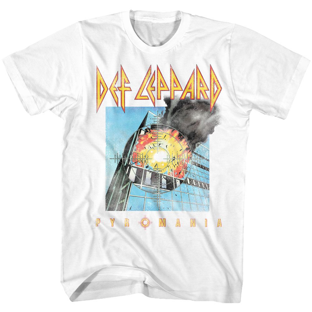 White T-shirt featuring the Def Leppard “Pyromania” album cover art with an exploding building scene and the band’s logo above it.