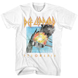 White T-shirt featuring the Def Leppard “Pyromania” album cover art with an exploding building scene and the band’s logo above it.