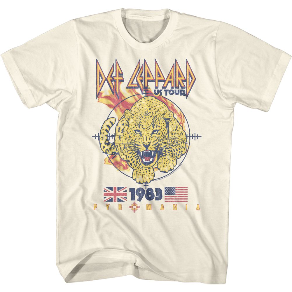 Cream-colored T-shirt featuring Def Leppard’s 1983 Pyromania US Tour design with a roaring leopard, UK and US flags, and vintage concert graphics.