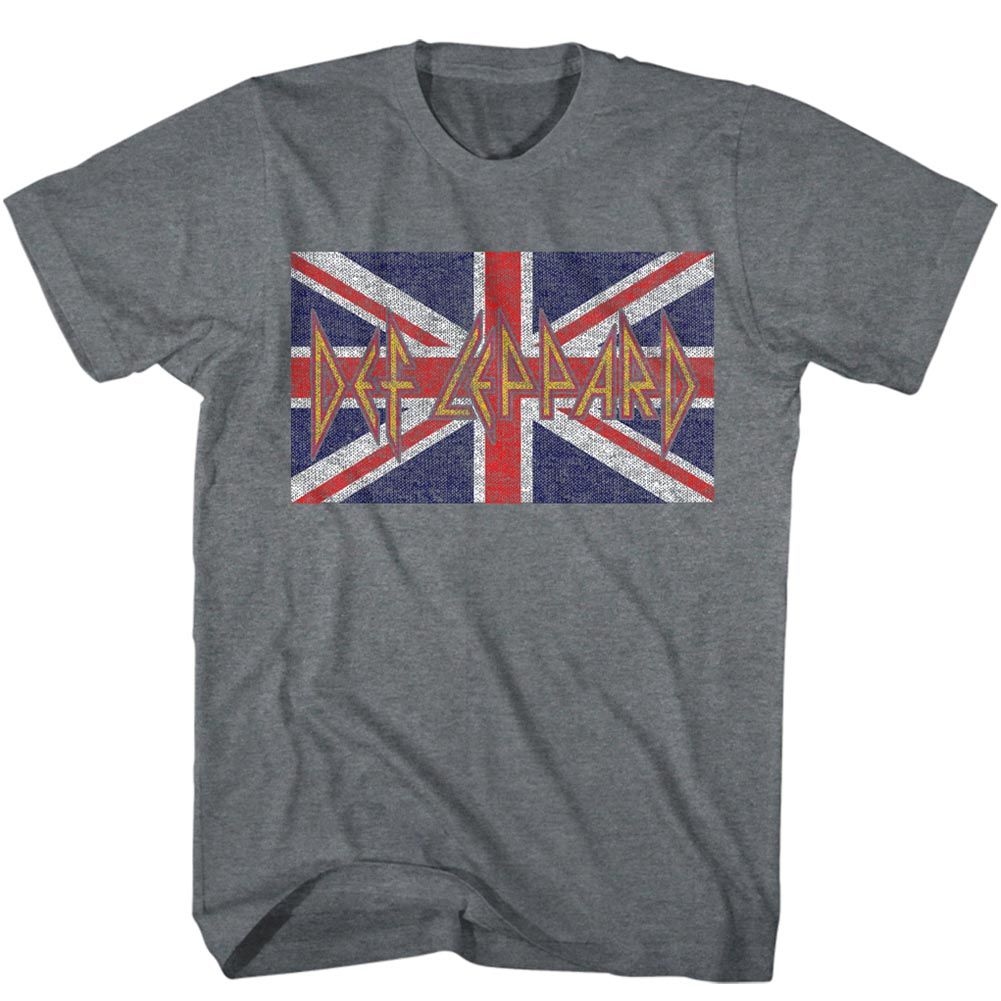 Gray Def Leppard T-shirt featuring the band’s logo over a distressed Union Jack flag design.