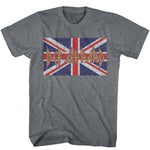 Gray Def Leppard T-shirt featuring the band’s logo over a distressed Union Jack flag design.