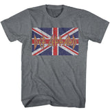 Gray Def Leppard T-shirt featuring the band’s logo over a distressed Union Jack flag design.