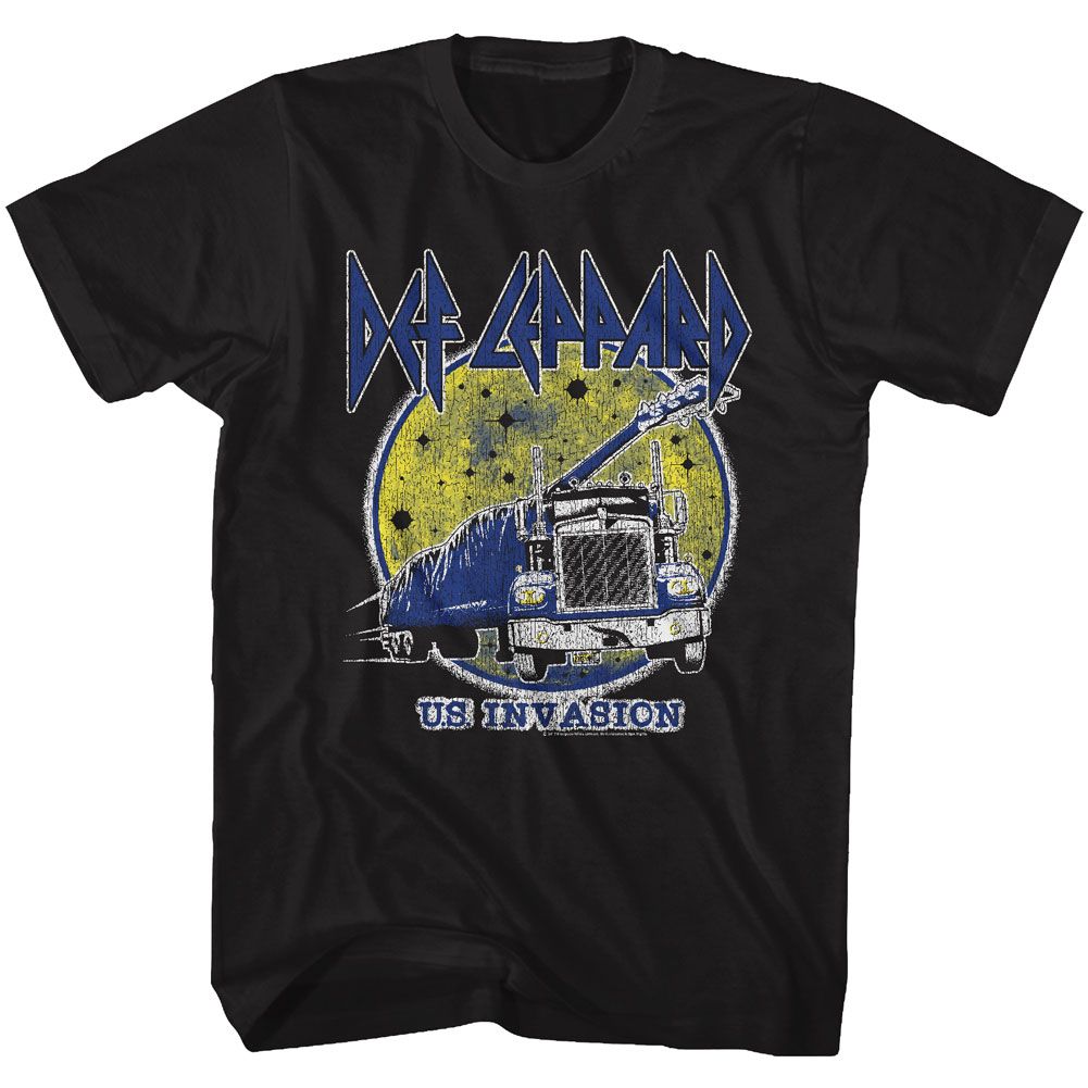 Black Def Leppard US Invasion T-shirt featuring band logo and semi truck graphic