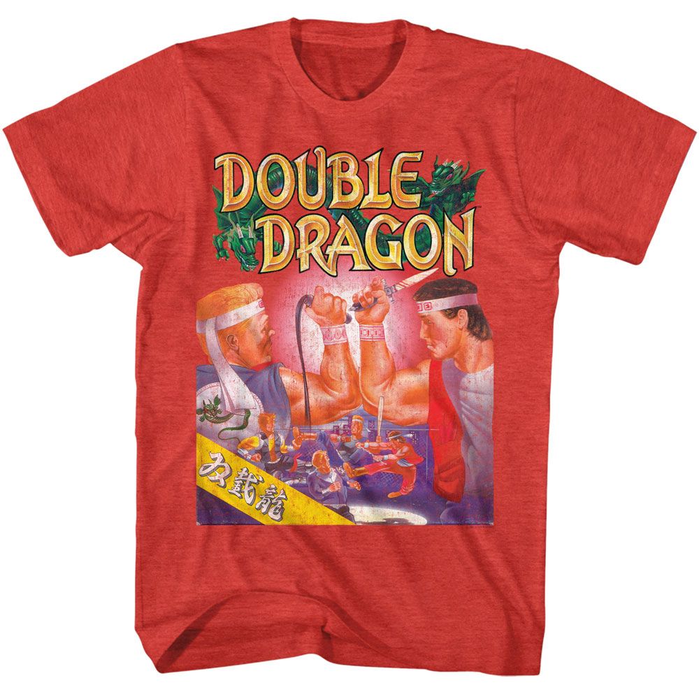 Red heather T-shirt featuring Double Dragon arcade-style artwork with two fighters and the Double Dragon title.
