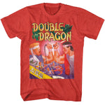 Red heather T-shirt featuring Double Dragon arcade-style artwork with two fighters and the Double Dragon title.