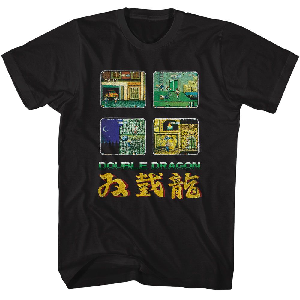 Black T-shirt featuring four retro Double Dragon arcade gameplay screenshots above the Double Dragon title and Japanese lettering.