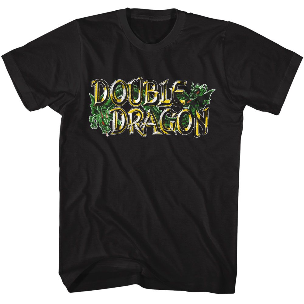 Black T-shirt featuring the Double Dragon logo in gold with green dragons wrapping around the lettering.