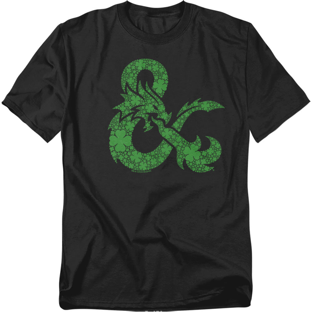 Black Dungeons & Dragons T-shirt featuring a green ampersand dragon symbol made of shamrock shapes