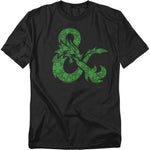 Black Dungeons & Dragons T-shirt featuring a green ampersand dragon symbol made of shamrock shapes