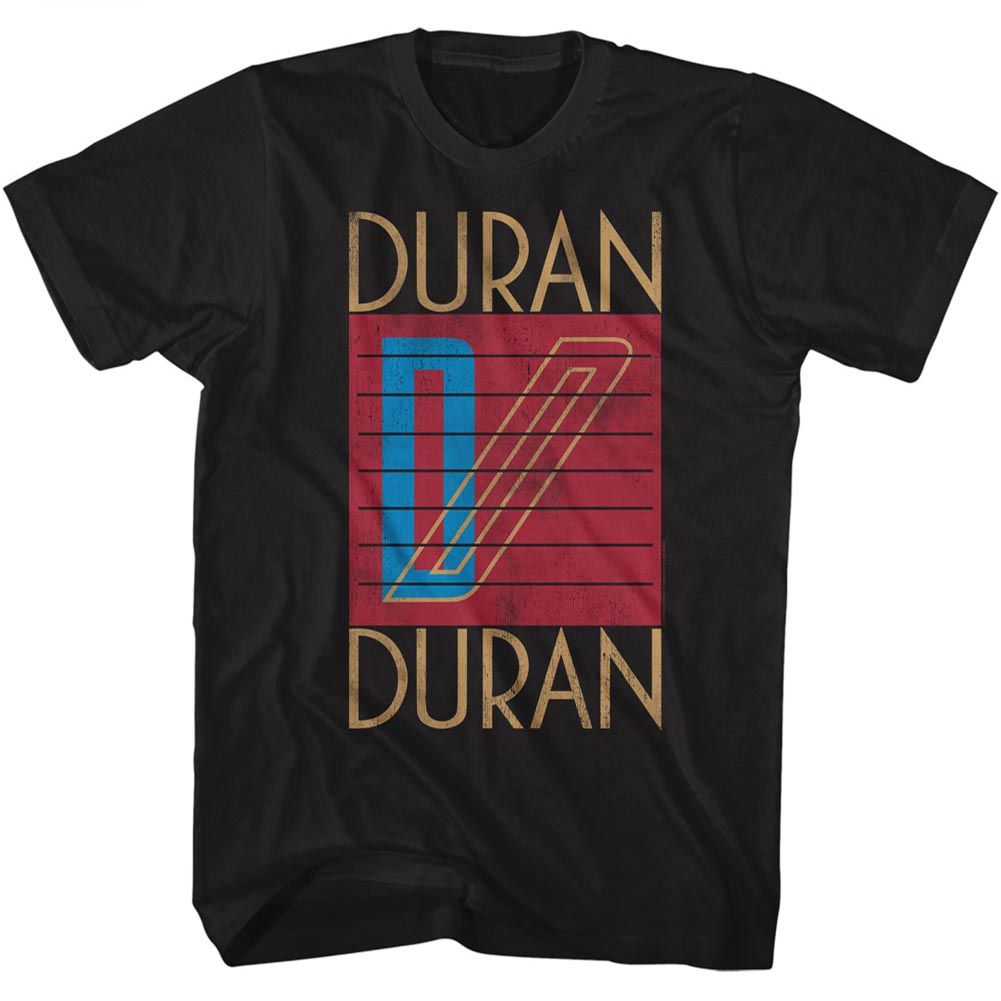 Black graphic t-shirt featuring a vintage Duran Duran logo with a red background, blue stylized letter mark, and horizontal line detailing in a distressed retro style.