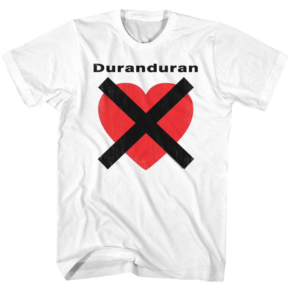 White Duran Duran t-shirt featuring a distressed red heart crossed with bold black X and minimalist band name above.