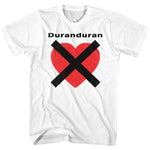 White Duran Duran t-shirt featuring a distressed red heart crossed with bold black X and minimalist band name above.
