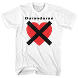 White Duran Duran t-shirt featuring a distressed red heart crossed with bold black X and minimalist band name above.