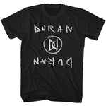 Officially licensed Duran Duran black T-shirt featuring the classic band symbol logo and handwritten-style typography