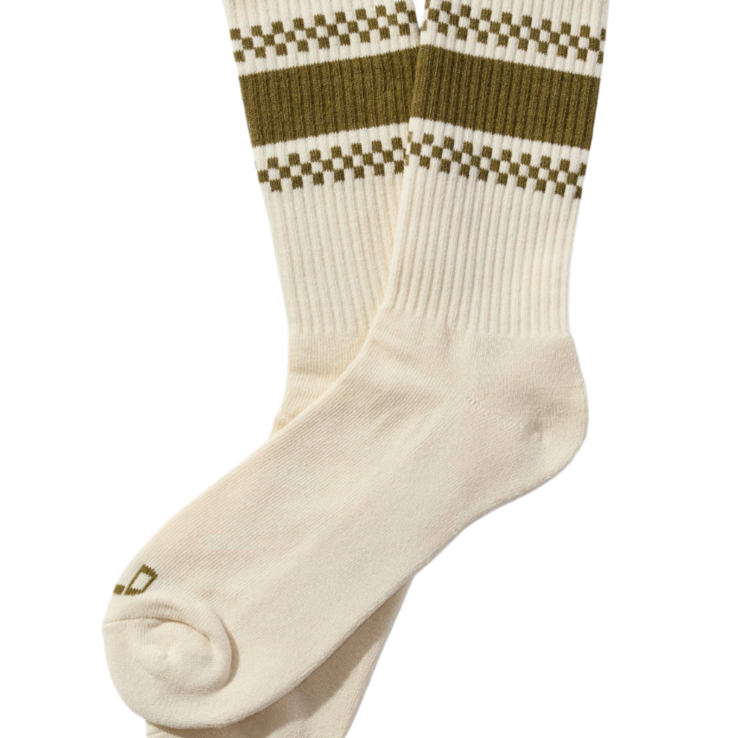 White socks with green and brown checkered patterns on a beige background