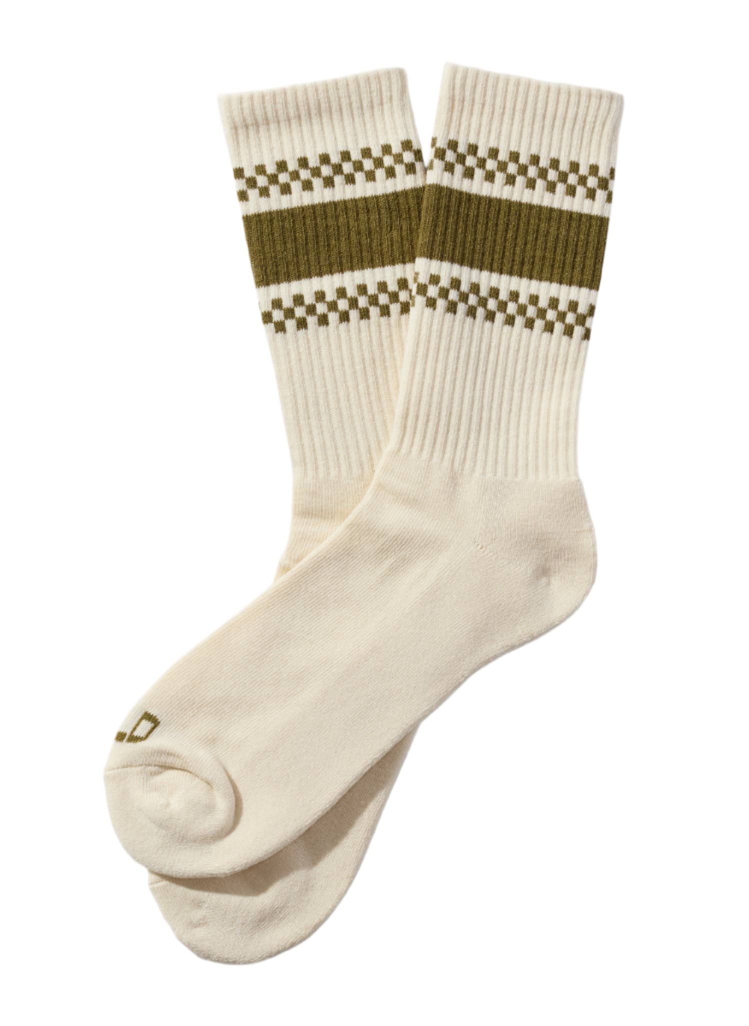 White socks with green and brown checkered patterns on a beige background