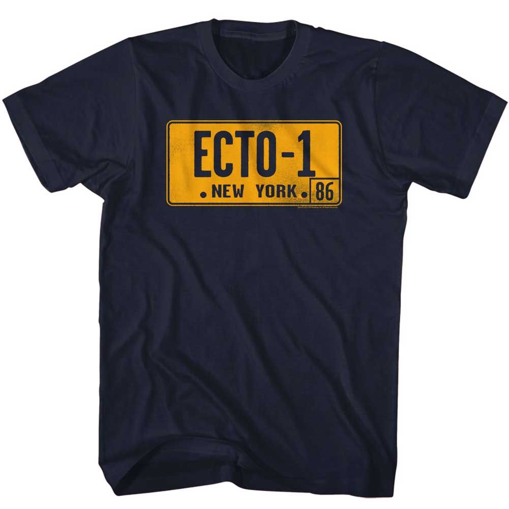 Navy blue T-shirt featuring yellow ECTO-1 New York 86 license plate design from Ghostbusters