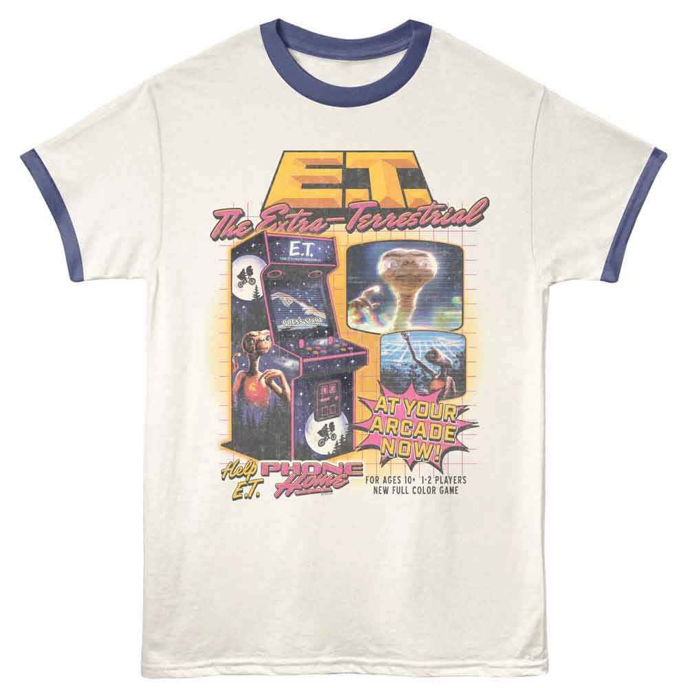 Officially licensed E.T. ringer t-shirt featuring vintage arcade cabinet artwork and Atari-style game ad design