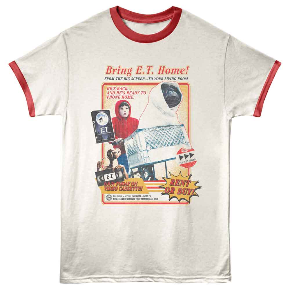 Officially licensed E.T. ringer t-shirt featuring Bring E.T. Home vintage VHS advertisement artwork