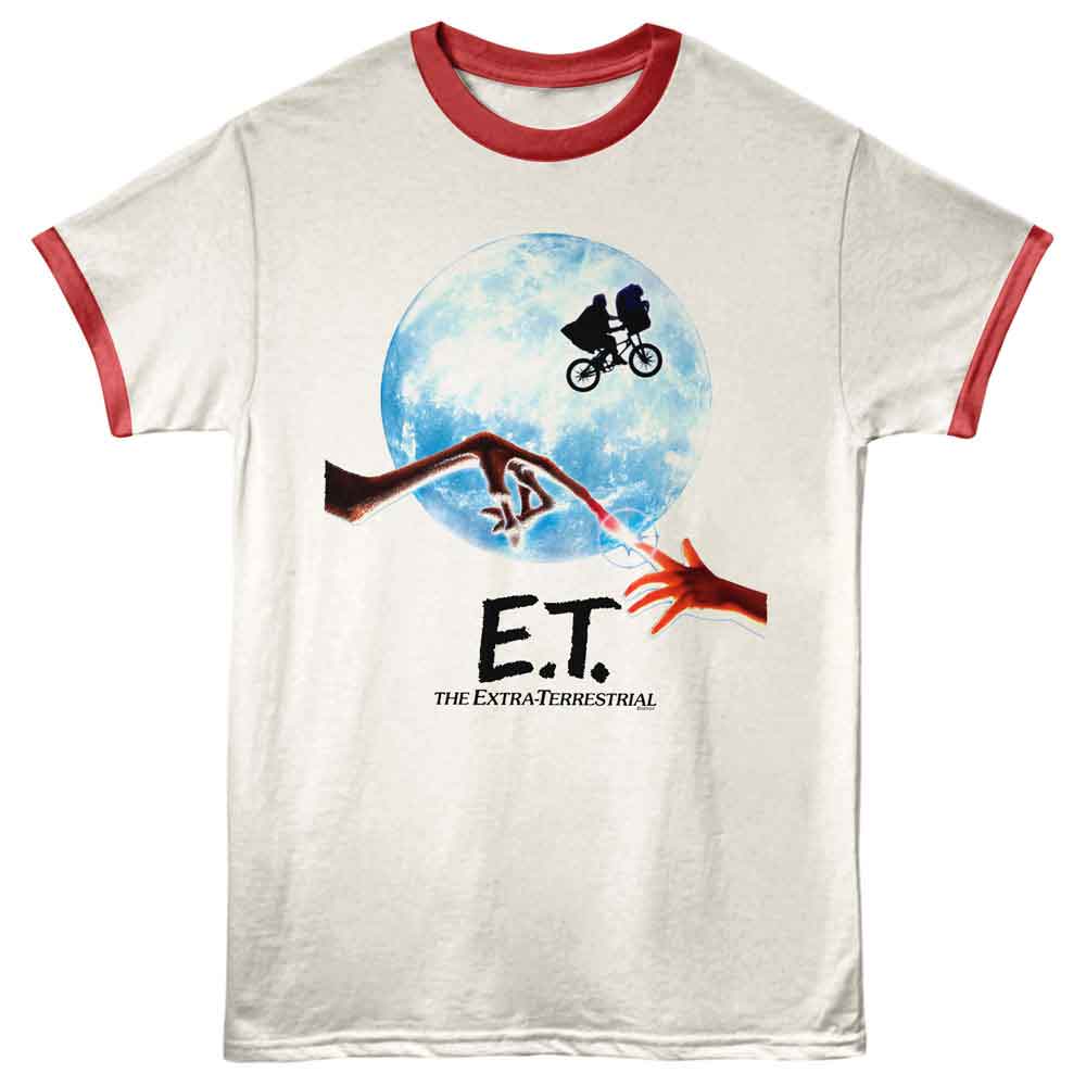 Officially licensed E.T. ringer t-shirt featuring the iconic flying bicycle silhouette in front of the moon with touching fingertip scene