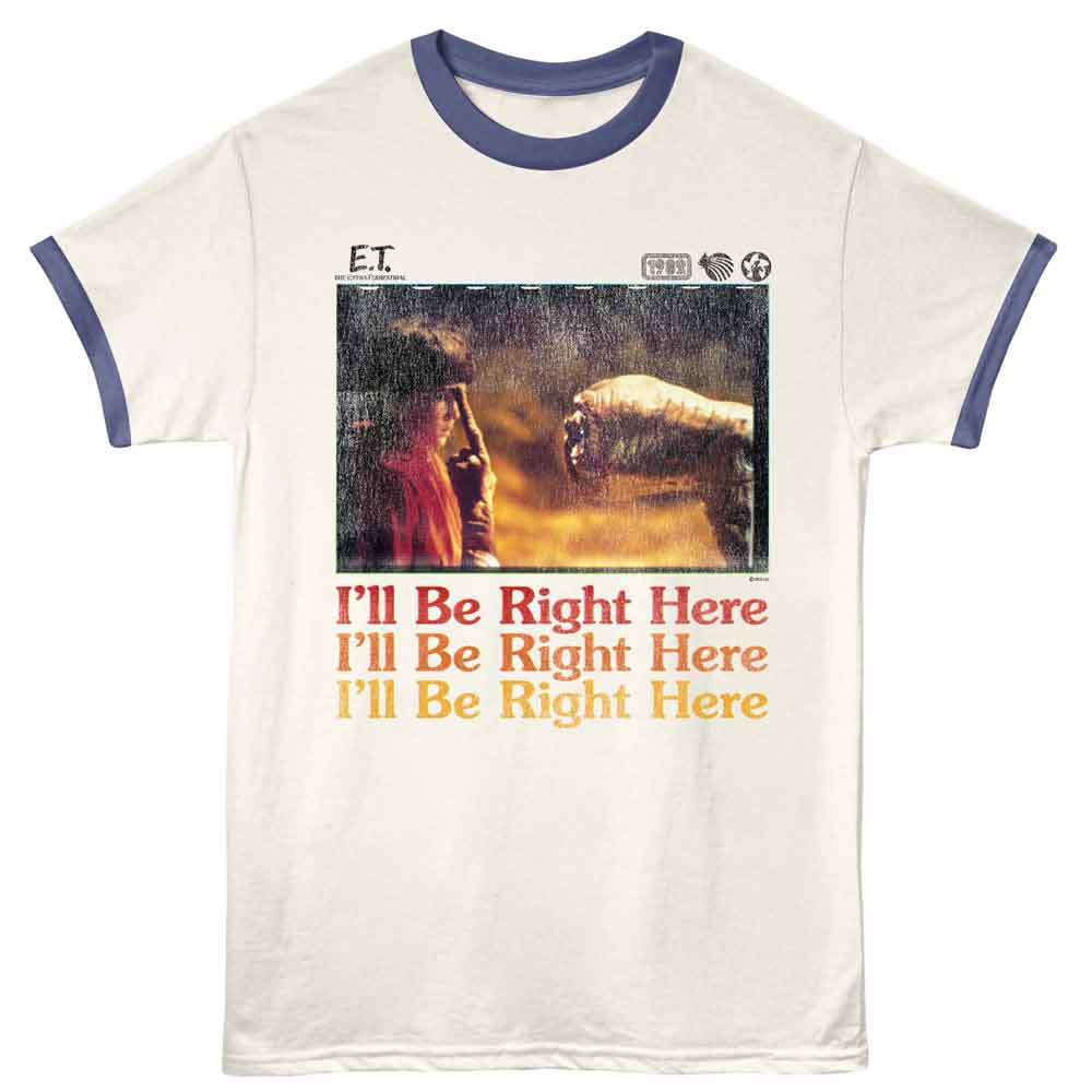 Officially licensed E.T. ringer t-shirt featuring the I’ll Be Right Here scene with retro movie artwork