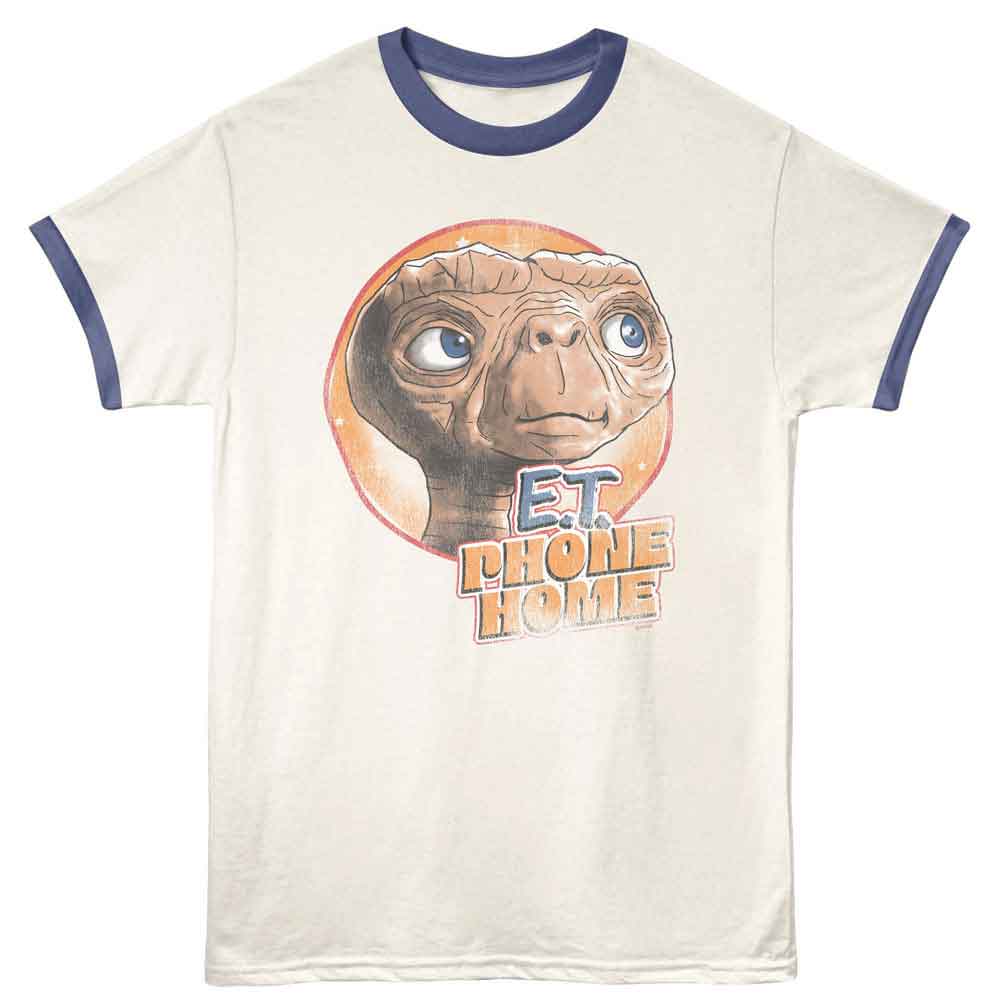 Officially licensed E.T. ringer t-shirt featuring E.T.’s face with classic E.T. Phone Home text in a vintage retro style