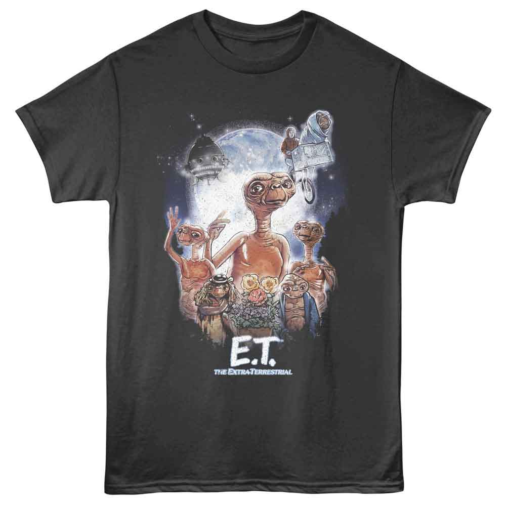 Officially licensed E.T. the Extra-Terrestrial t-shirt featuring E.T. and his alien family under the moon